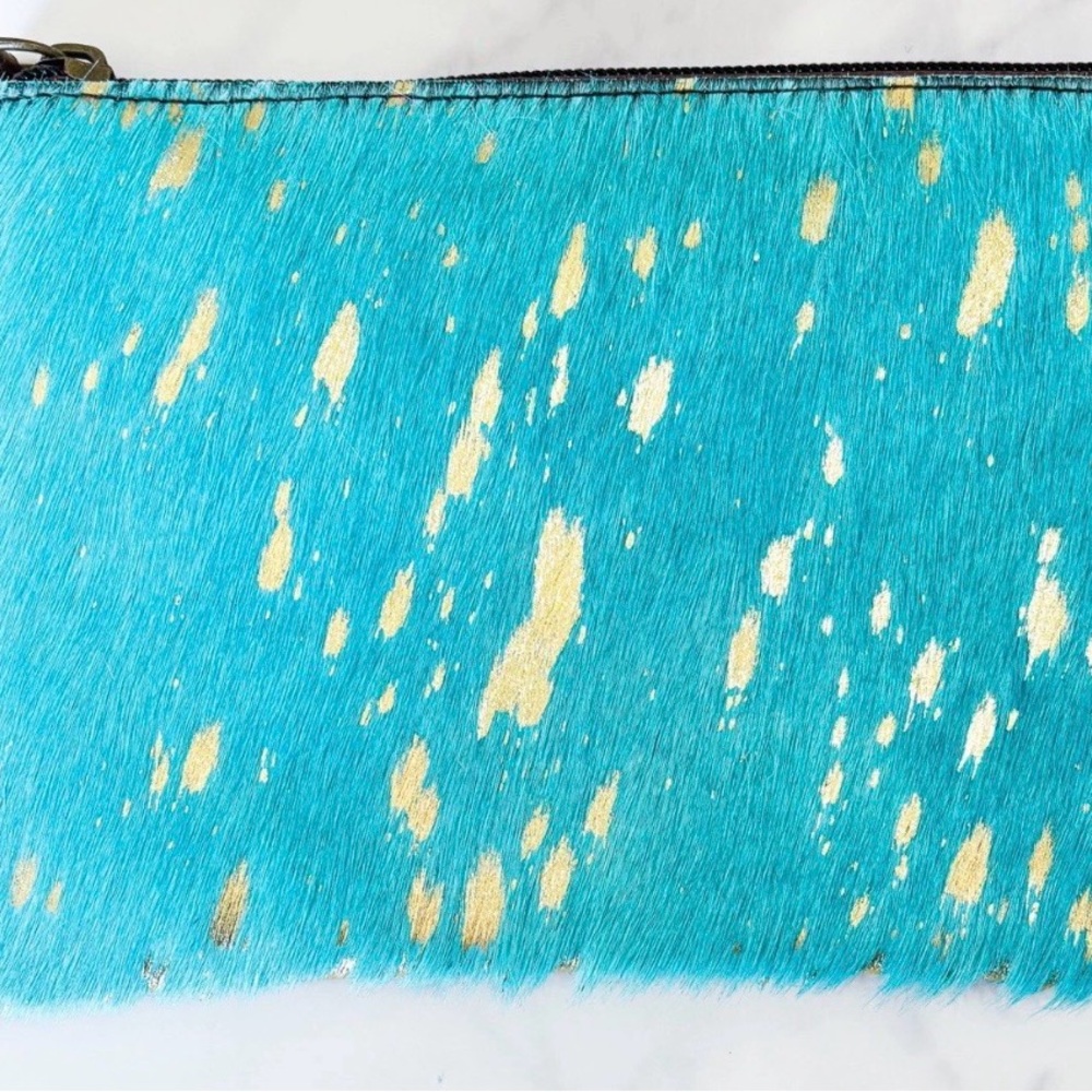 Turquoise Hair-On-Hide Leather Clutch Gold Speckled Tassel Pouch - Picture 2 of 3